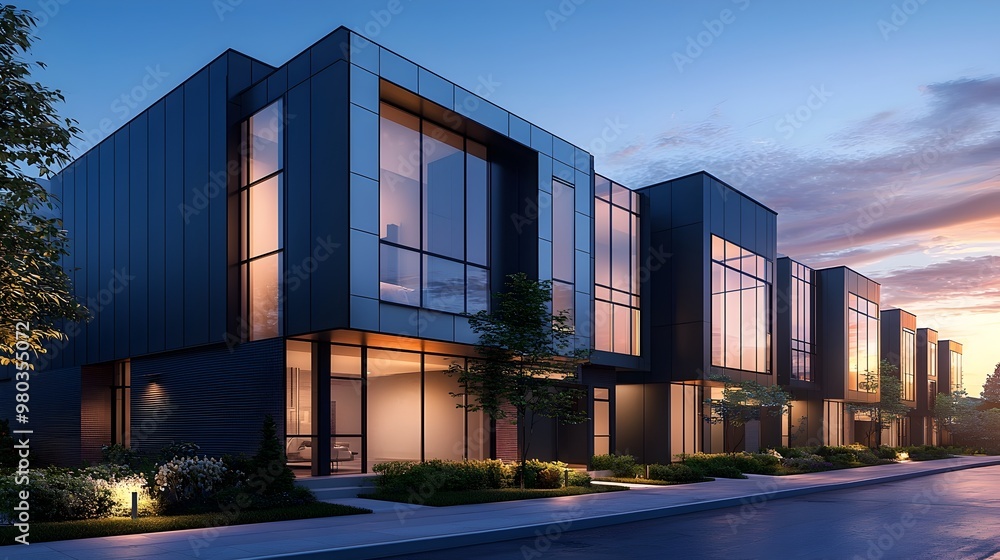 Fototapeta premium Sleek Modern Townhouse with Metallic Facade and Glass Accents at Dusk