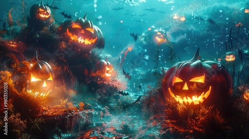 Jack-o'-lanterns underwater with spooky underwater scenery