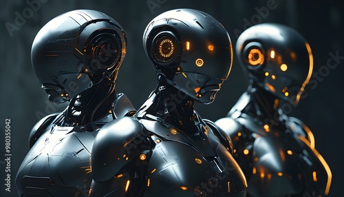 Triumvirate of Humanoid Robots Symbolizing AI, Technological Advancement, and Humanitys Future Against a Dark Backdrop photo