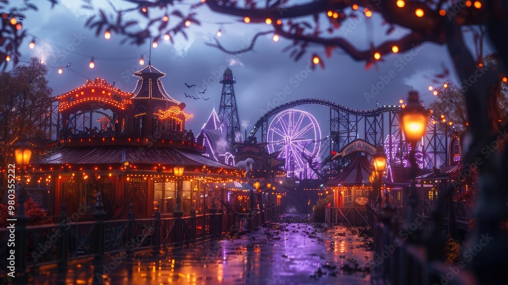 Obraz premium A magical amusement park at night with twinkling lights and a Ferris wheel.