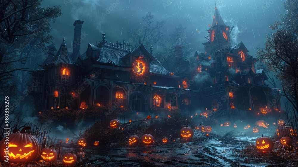 Naklejka premium A spooky haunted house with glowing jackolanterns and eerie fog