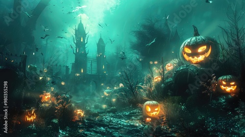 Spooky Halloween scene with jack-o'-lantern pumpkins and a haunted castle in a foggy forest.