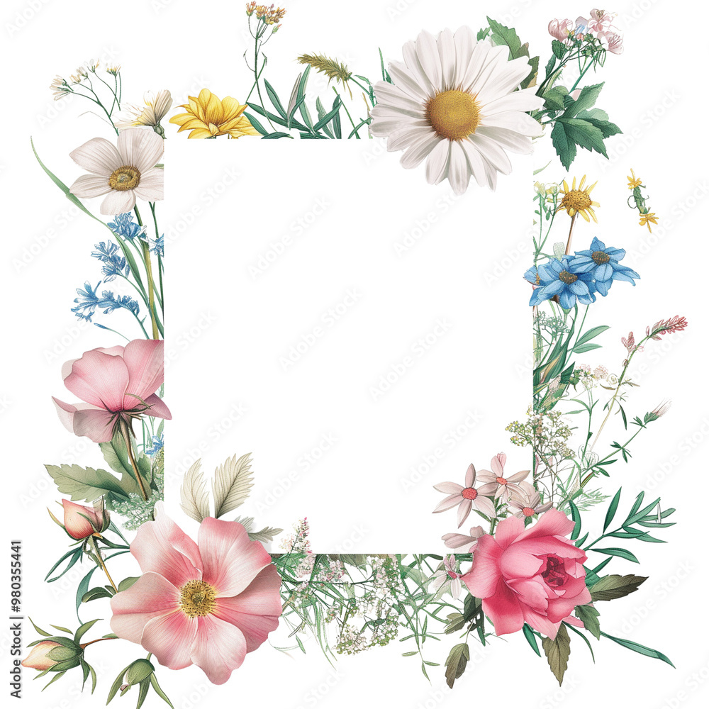 Fototapeta premium watercolor floral frame with a variety of colorful wildflowers,Rectangle botanical border,ideal for wedding invitations or greeting cards.