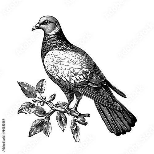 Detailed Illustration of a Pigeon Perched on a Branch in Nature. Generative AI