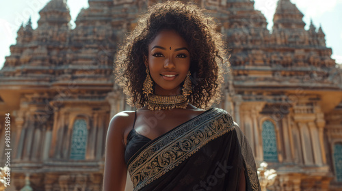 Afro woman wearing saree traditional cloth smile at Hindu temple