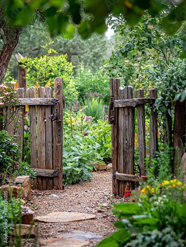 A weathered wooden gate swings wide, welcoming visitors into a verdant paradise teeming with natures secrets.