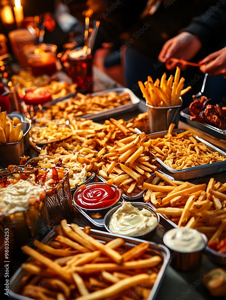 Fototapeta premium A vibrant spread of delicious French fries with various sauces, perfect for a feast or gathering with friends and family.