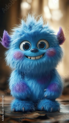 lovable 3d cartoon monster fluffy blue fur with purple spots oversized googly eyes goofy grin expressive posture playful personality rendered in vibrant colors with soft shadows