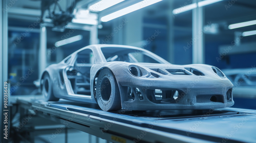 3D prototyping and 3D printing of a car at a large industrial 3D printer. Automobile manufacturing process. 3D prototyping and 3D printing of a car at a large industrial 3D printer. Automobile manufacturing process.