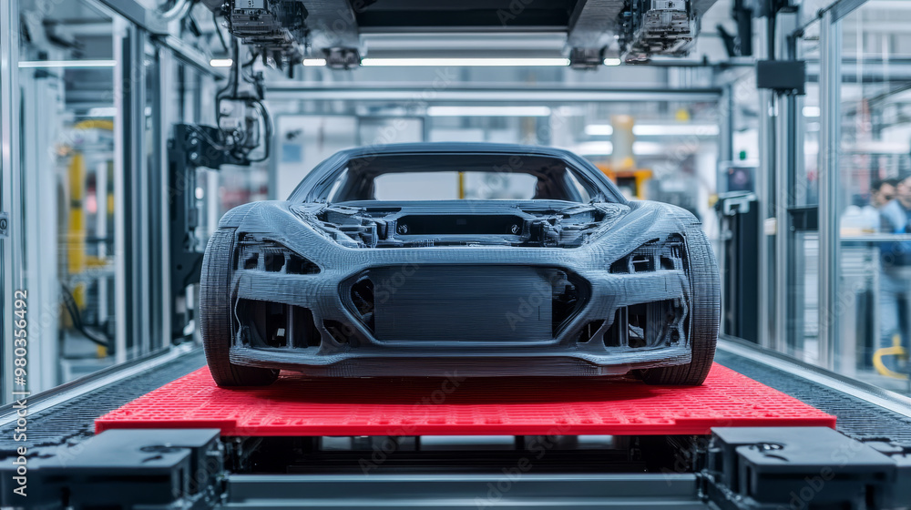 3D prototyping and 3D printing of a car at a large industrial 3D printer. Automobile manufacturing process. 3D prototyping and 3D printing of a car at a large industrial 3D printer. Automobile manufacturing process.
