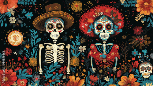 Catrinas and Sugar Skulls: A D�a de los Muertos-inspired pattern featuring elegant Catrinas (stylized skeleton figures) and intricately decorated sugar skulls, repeating in a vivid photo