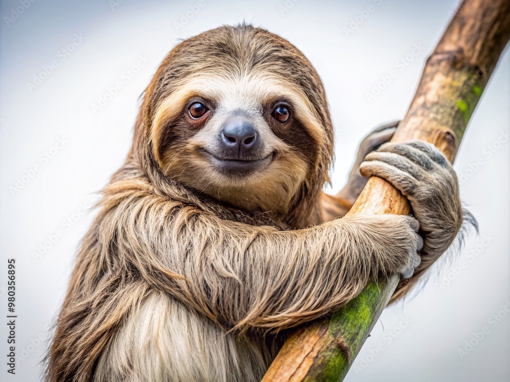Fototapeta premium A serene sloth clings to a curved tree branch, its soft fur and gentle expression contrasting with the stark white isolated background.