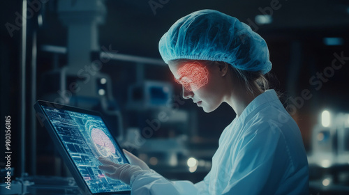 Woman doctor examines patient’s brain with digital anatomy on advanced tablet interface. Futuristic UI and holographic display blend science and medicine for innovative analysis.