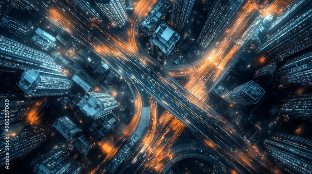 3D rendering of a nighttime freeway in a sprawling mega city with numerous tall skyscrapers. Aerial view from above. Represents next-generation technology, fintech, big data, 5G high-speed network. 3D rendering of a nighttime freeway in a sprawling mega city with numerous tall skyscrapers. Aerial view from above. Represents next-generation technology, fintech, big data, 5G high-speed network.