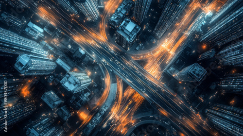 3D rendering of a nighttime freeway in a sprawling mega city with numerous tall skyscrapers. Aerial view from above. Represents next-generation technology, fintech, big data, 5G high-speed network.