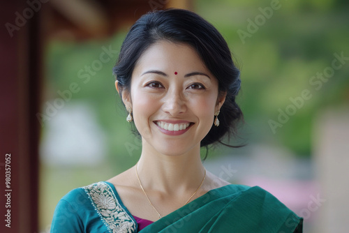 Japanese woman wearing saree traditional cloth smile at Hindu temple