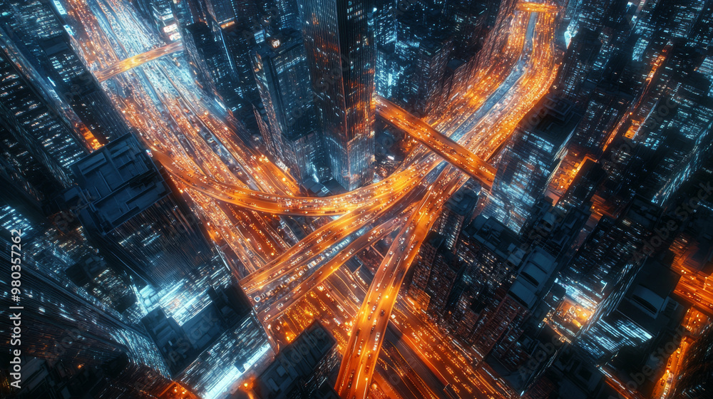 3D rendering of a nighttime freeway in a sprawling mega city with numerous tall skyscrapers. Aerial view from above. Represents next-generation technology, fintech, big data, 5G high-speed network. 3D rendering of a nighttime freeway in a sprawling mega city with numerous tall skyscrapers. Aerial view from above. Represents next-generation technology, fintech, big data, 5G high-speed network.