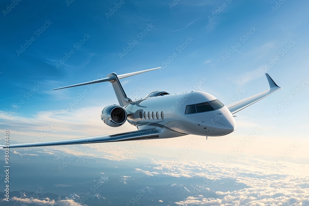 Obraz premium A streamlined aircraft soars gracefully through a pristine azure sky, highlighting its elegant engineering.