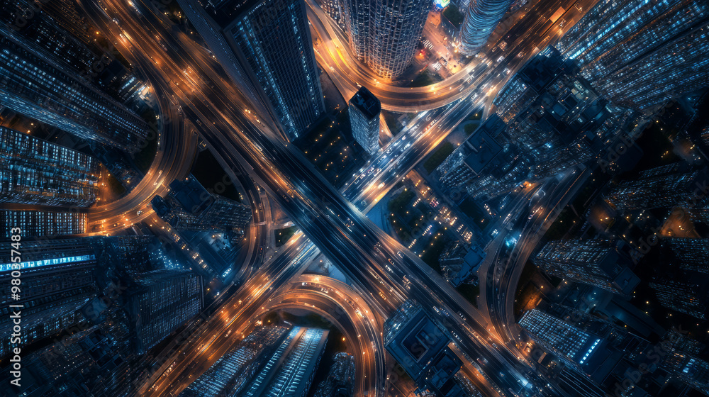 3D rendering of a nighttime freeway in a sprawling mega city with numerous tall skyscrapers. Aerial view from above. Represents next-generation technology, fintech, big data, 5G high-speed network. 3D rendering of a nighttime freeway in a sprawling mega city with numerous tall skyscrapers. Aerial view from above. Represents next-generation technology, fintech, big data, 5G high-speed network.