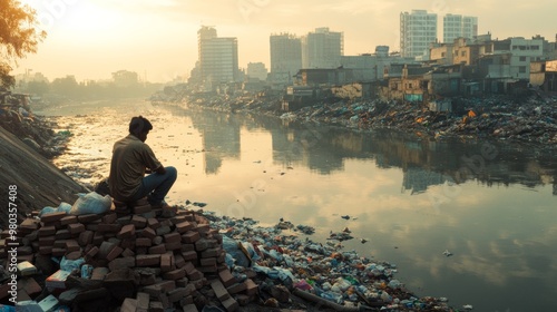 poor man pensive on dirty riverbank photo