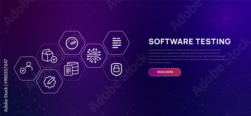 Software testing vibrant purple background with icons concept of coding review and user acceptance test code efficiency performance speed and compatibility