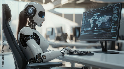 3D robot woman with AI using a computer at a desk. A cyborg girl seated in a chair at a powerful desktop PC with an empty screen. AI robot working on the computer, positioned in a workplace setting.