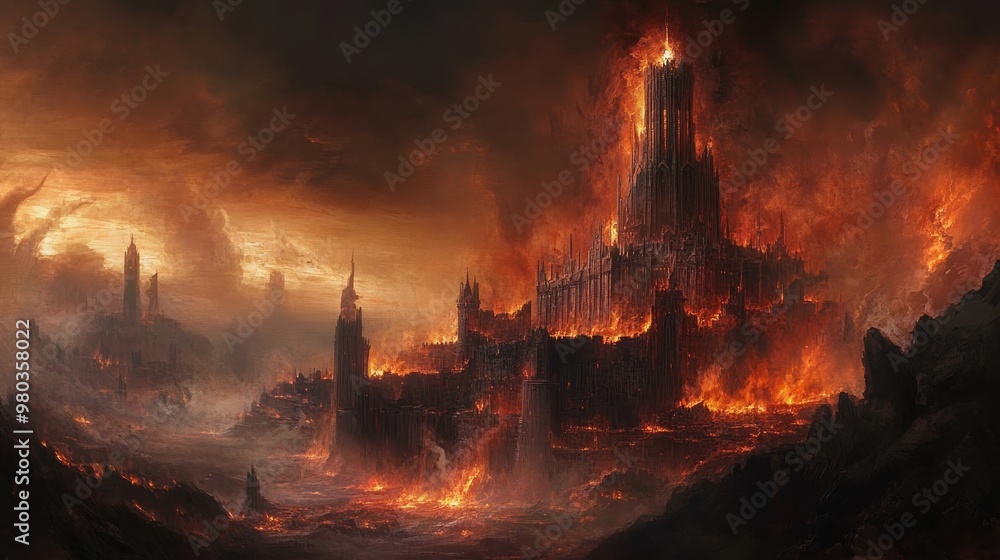 Burning Ruins of Ancient City Surrounded by Lava and Smoke Burning Ruins of Ancient City Surrounded by Lava and Smoke
