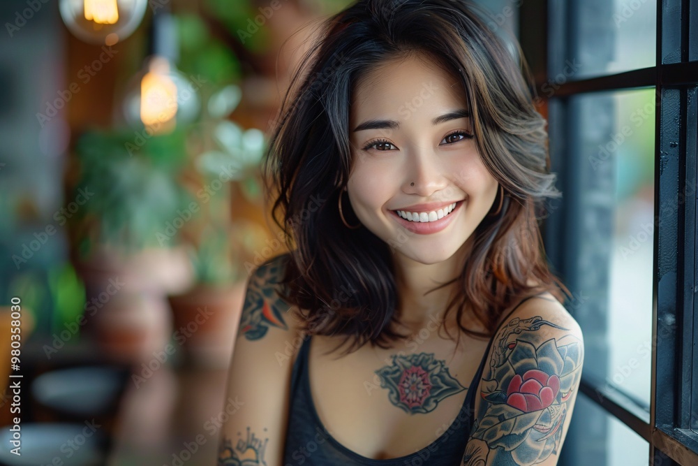 Radiant woman adorned with body art exudes joy. Radiant woman adorned with body art exudes joy.