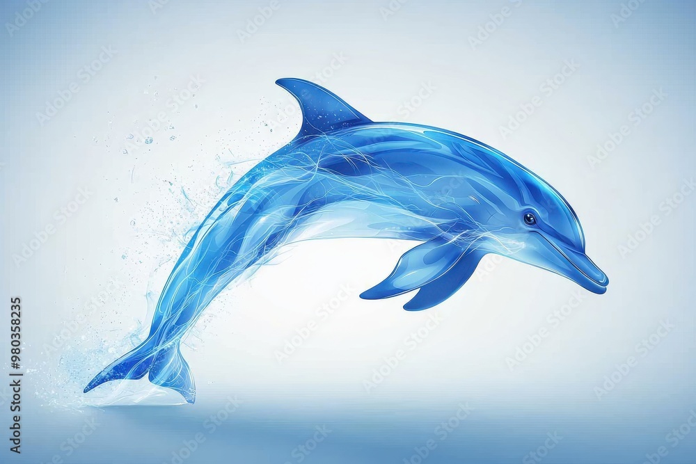 Blue dolphin jumping in the air against a light blue background Blue dolphin jumping in the air against a light blue background