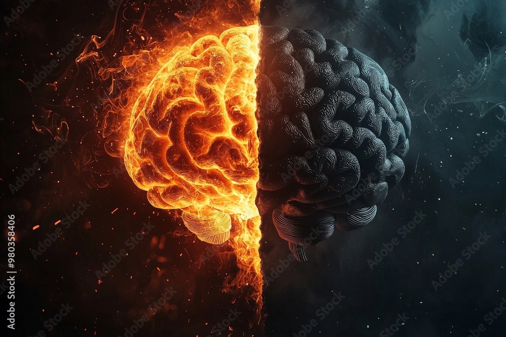A split image of a person'ss brain, one side filled with dark, chaotic thoughts, and the other side illuminated with bright, clear ideas, symbolizing negative versus positive thinking A split image of a person'ss brain, one side filled with dark, chaotic thoughts, and the other side illuminated with bright, clear ideas, symbolizing negative versus positive thinking