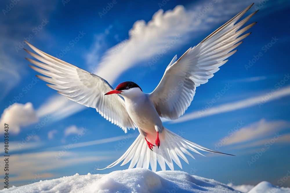 Majestic Arctic Tern in flight, snowy white feathers contrasting against brilliant blue sky, wings outstretched, bird's black cap and orange beak vividly showcased. Majestic Arctic Tern in flight, snowy white feathers contrasting against brilliant blue sky, wings outstretched, bird's black cap and orange beak vividly showcased.