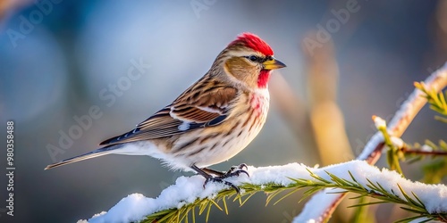 Vibrant male Common Redpoll bird with reddish-brown cap and white wing bars perched on a snow-covered branch, copy space available, in a serene winter setting. photo