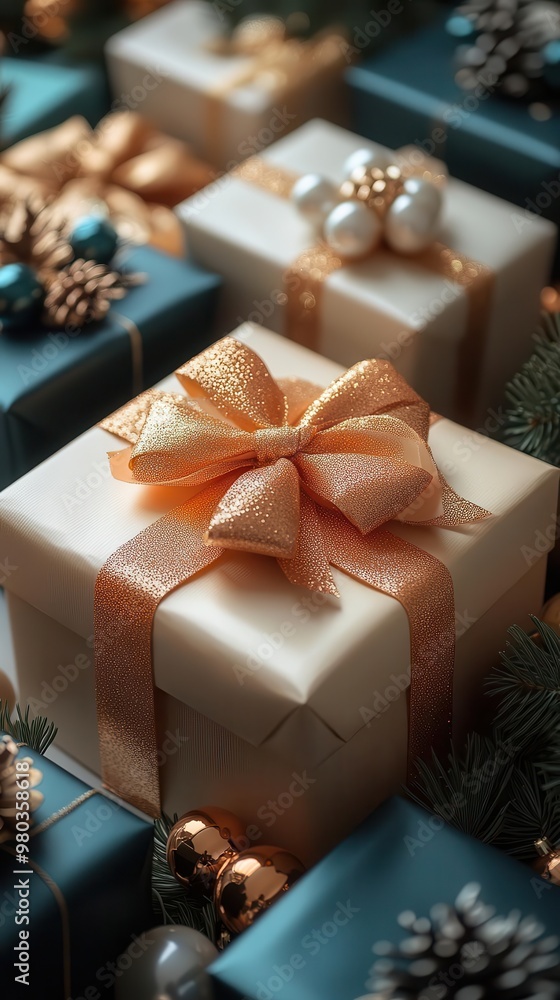 luxurious array of gift boxes in various sizes and opulent wrappings gold emerald pearl rose gold and sapphire hues elegant ribbons and bows arranged artfully against pristine white backdrop luxurious array of gift boxes in various sizes and opulent wrappings gold emerald pearl rose gold and sapphire hues elegant ribbons and bows arranged artfully against pristine white backdrop
