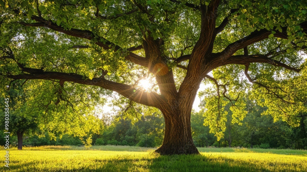 Fototapeta premium Majestic Oak Tree in Lush Green Countryside Landscape Bathed in Warm Sunlight