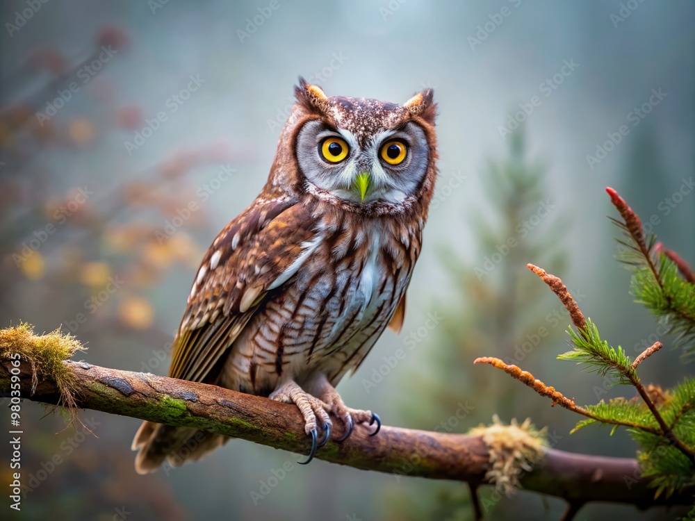 Majestic screech owl with piercing eyes and subtle plumage perches on a damp branch, camouflaged in the misty wilderness, exuding nocturnal mystique and serenity. Majestic screech owl with piercing eyes and subtle plumage perches on a damp branch, camouflaged in the misty wilderness, exuding nocturnal mystique and serenity.