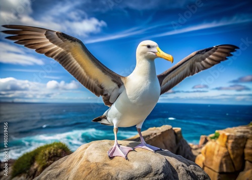 A majestic albatross bird with white and gray feathers, elegant wings outstretched, perches alone on a rocky outcrop against a serene blue sky background. photo