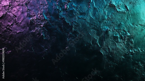 Abstract background in dark violetblue petrol teal and jade green tones featuring a gradient blur with grainy noise and a bright glittery metallic glow photo