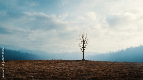 A solitary tree stands on a vast field under a dramatic sky, symbolizing resilience and isolation in nature's beauty. photo