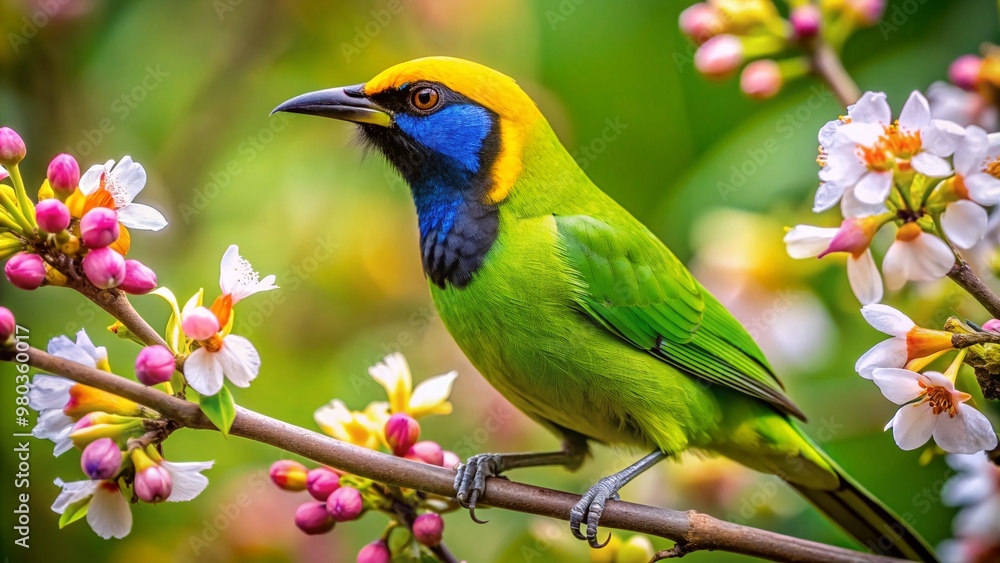 Vibrant Golden-fronted Leafbird with bright yellow throat patch perches on blossoming tree amidst lush green haze, showcasing its stunning plumage and delicate feathers. Vibrant Golden-fronted Leafbird with bright yellow throat patch perches on blossoming tree amidst lush green haze, showcasing its stunning plumage and delicate feathers.