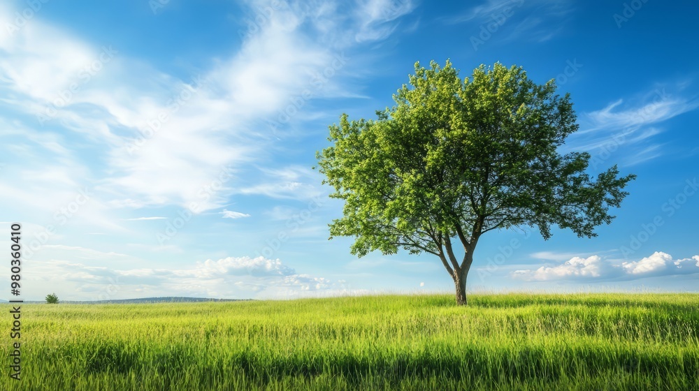 Lush Green Tree Stands Tall in Idyllic Meadow Under Bright Blue Sky with Fluffy Clouds Lush Green Tree Stands Tall in Idyllic Meadow Under Bright Blue Sky with Fluffy Clouds