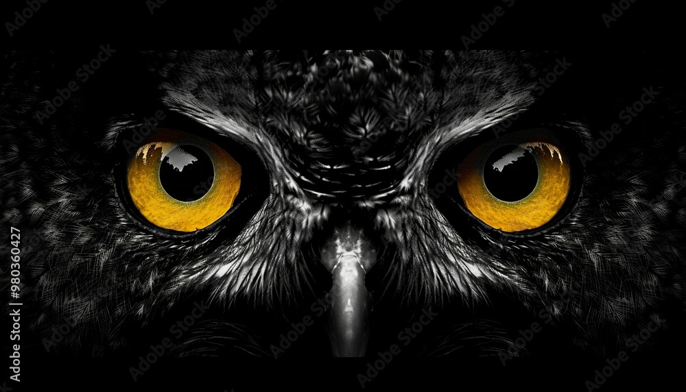 Fototapeta premium Glowing Yellow Eyes of a Great Horned Owl in the Night