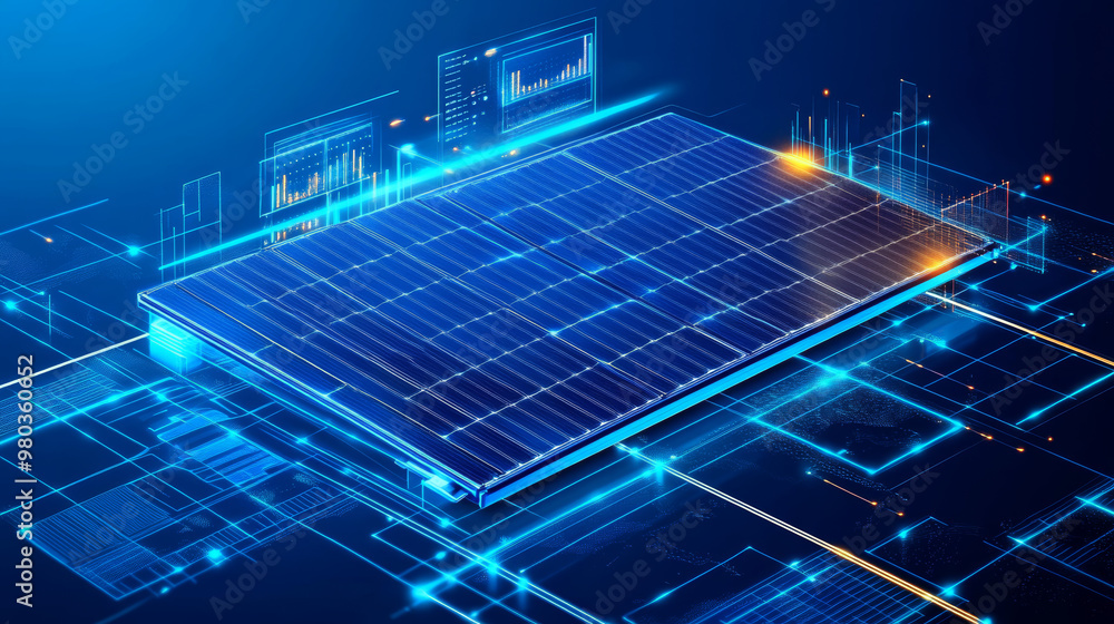 Futuristic isometric blue solar battery and solar panel, showcasing renewable energy. Modern 3D graphic concept with the solar panel set against charts and indicators. Vector illustration. Futuristic isometric blue solar battery and solar panel, showcasing renewable energy. Modern 3D graphic concept with the solar panel set against charts and indicators. Vector illustration.