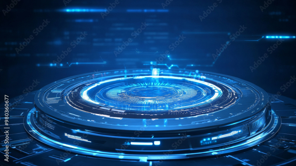 Futuristic circular portal HUD and UI screen pedestal for product displays. Abstract design on a blue background. Themes of factory automation and advanced smart manufacturing. Concept of design . Futuristic circular portal HUD and UI screen pedestal for product displays. Abstract design on a blue background. Themes of factory automation and advanced smart manufacturing. Concept of design .