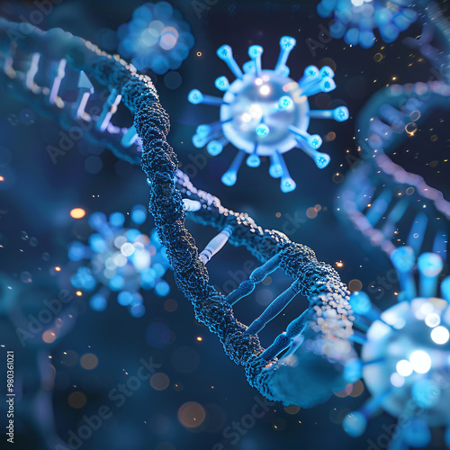 medical background with dna strands and virus cells