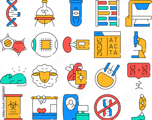 Biotech Technology Collection Icons Set Vector. Biotech Eye And Kidney, Decoding Dna Code And Testing, Dolly Sheep And Bioengineering color Contour Illustrations