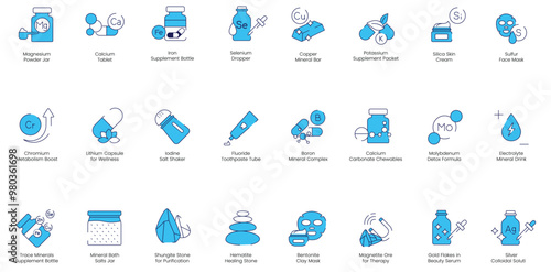 Magnesium Powder Jar, Calcium Tablet, Iron Supplement Bottle, Selenium Dropper, Copper Mineral Bar, Potassium Supplement Packet, Silica Skin Cream, Sulfur Face Mask vector icon set