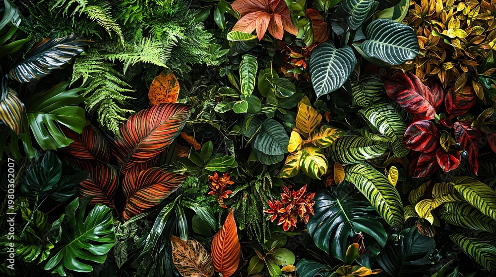 Obraz premium A vibrant sanctuary of rare plants, featuring intricate leaves and vivid hues that celebrate the beauty of nature's variety.
