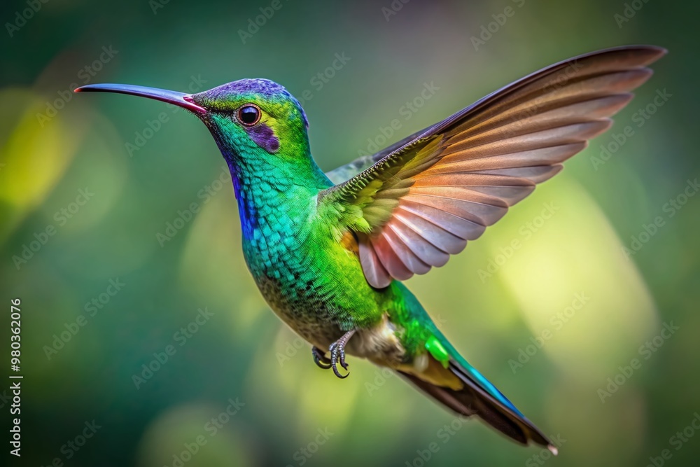 Fototapeta premium Vibrant green hummingbird with iridescent feathers and delicate wings beating rapidly, suspended in mid-air on a transparent background, showcasing its majestic beauty.