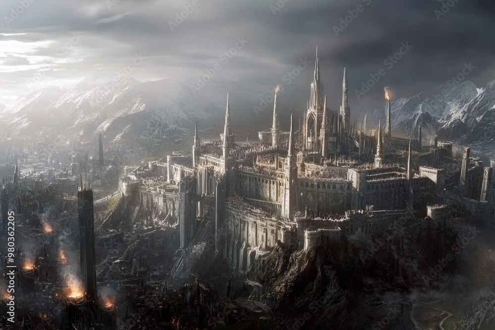 Fototapeta premium Enormous castle with sky high towers amidst dark fantasy cityscape