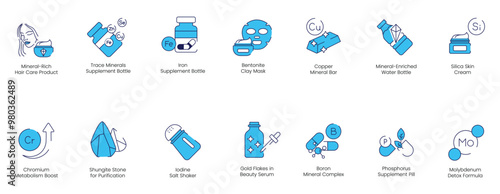 Mineral Rich Hair care Product, Trace Mineral Supplement Bottle, Iron Supplement Bottle, Bentonite Clay Mask, Copper Mineral Bath, Mineral Enriched Water Bottle, Silica Skin Cream vector icon set